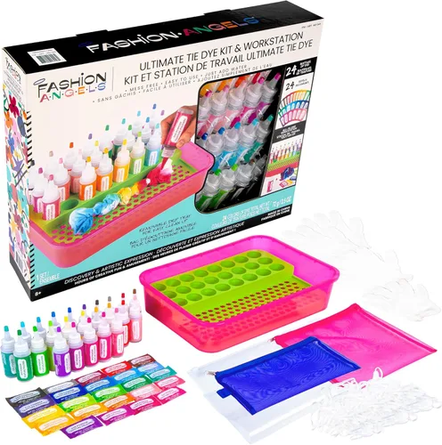 Fashion Angels Kit de teñido anudado y estación de trabajo, artes y manualidades para grupos, incluye botellas prellenadas y tinte, guantes y más,