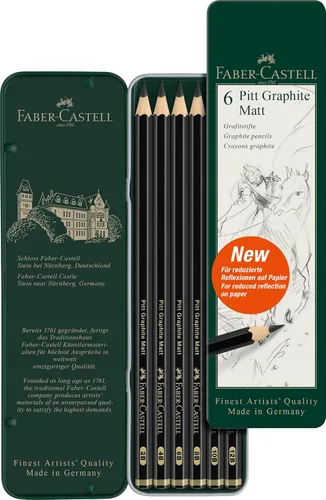 Faber-Castell Pitt - Juego de lápices mate de grafito, lata de metal de 6 lápices de grafito, juego de lápices de dibujo y dibujo (B, 4B, 6B, 8B,