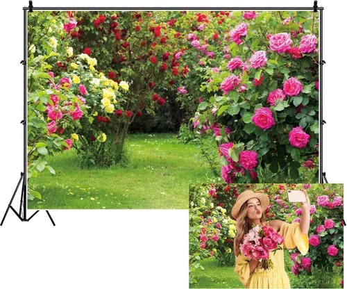 Miniatura 5 de Renaiss Telón de fondo de jardín de primavera de 5 x 3 pies, color rojo, rosa, rosa, flores, hojas verdes, hierba, paisaje natural, fondo