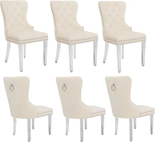 Miniatura 19 de adochr Juego de 2 sillas de comedor de terciopelo, sillas de comedor tapizadas acolchadas con anillo de tracción y patas de acero inoxidable, beige
