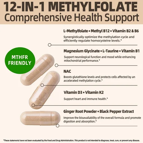 Miniatura 3 de L Metilfolato 15mg Plus Metil B12 - Suplemento metilado de vitamina B9 (5-MTHF) para la salud del cerebro, el estado de ánimo y la energía, alta