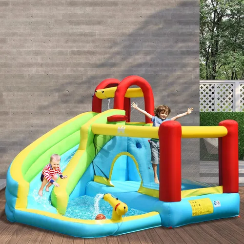 Miniatura 2 de OLAKIDS Tobogán acuático inflable, casa de rebote 6 en 1 con tobogán de pared de escalada para piscina, borde de baloncesto, pistola de agua, parque