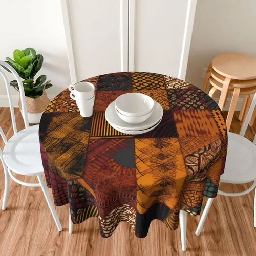 Miniatura 6 de Mantel redondo de 60 pulgadas, impermeable, estilo africano, estampado de retazos, mantel circular para cocina, comedor, arrugas, mantel redondo