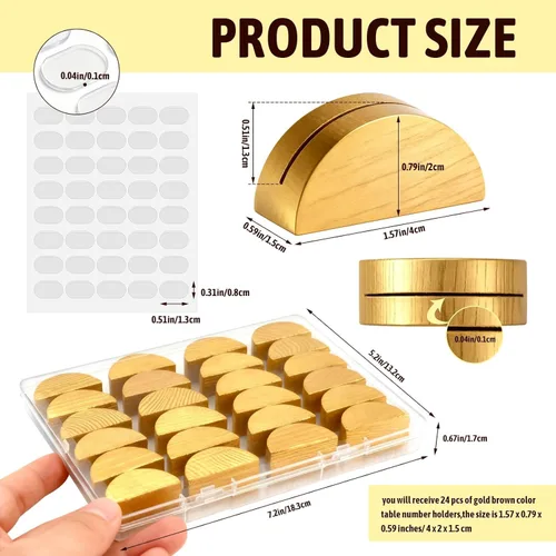 Miniatura 2 de 24 soportes de madera dorada para números de mesa, tarjeteros de madera que incluyen calcomanías adhesivas sin rastro, soportes de tarjetas