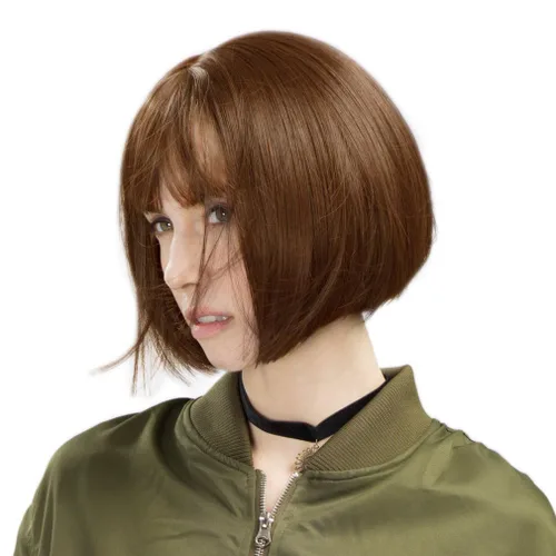 Miniatura 10 de REECHO peluca corta con flequillo, de cabello sintético, para cosplay, para mujeres Marrón oscuro