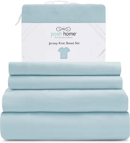 Miniatura 12 de Posh Home Juego de sábanas de punto de jersey, sábanas de 3 piezas, sábanas de jersey de algodón transpirable y suave, incluye sábana encimera
