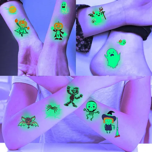 Miniatura 5 de 10 hojas de tatuajes temporales luminosos de Halloween con purpurina nocturna para niños y niñas, calcomanías de tatuaje falso 3D de zombi que