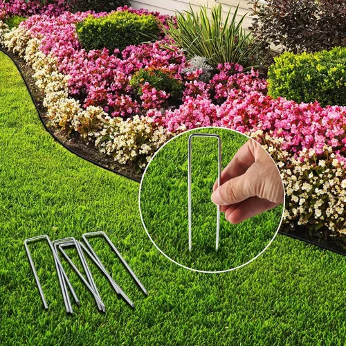 Miniatura 6 de Paquete de 100 grapas de paisaje, estacas de jardín de calibre 11 de 6 pulgadas con tapas de junta, grapas galvanizadas resistentes para paisajes
