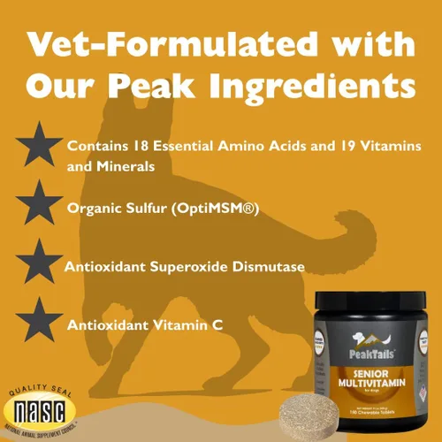 Miniatura 5 de Multivitamínico senior para perros – 150 tabletas con MSM, superóxido dismutasa, vitamina C y 19 nutrientes esenciales – Apoya la salud
