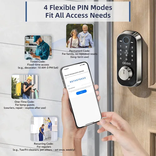 Miniatura 6 de Cerradura de puerta con huellas dactilares para puerta principal incorporada Wi-Fi OKIBB, cerradura inteligente de entrada sin llave con APP