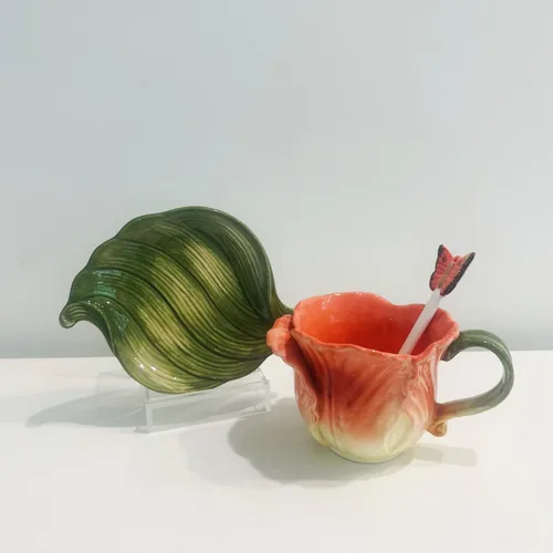 Miniatura 5 de Juego de taza de té y platillo de cerámica, taza de café de flores pintadas a mano en 3D de 6 onzas, regalo para mujeres, tulipán naranja