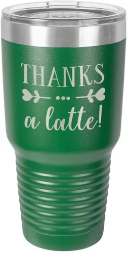 Miniatura 22 de Taza de viaje de acero inoxidable con tapa superior deslizante y pajita con texto en inglés "THANKS A LATTE 30oz Taza de viaje", compara con Yeti