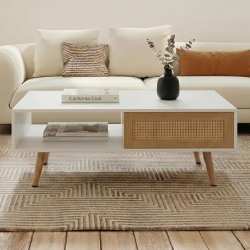 IANIYA Mesa de centro con almacenamiento oculto, mesa central rectangular de 41.3 pulgadas con puerta tejida de ratán y patas de madera maciza (mesa