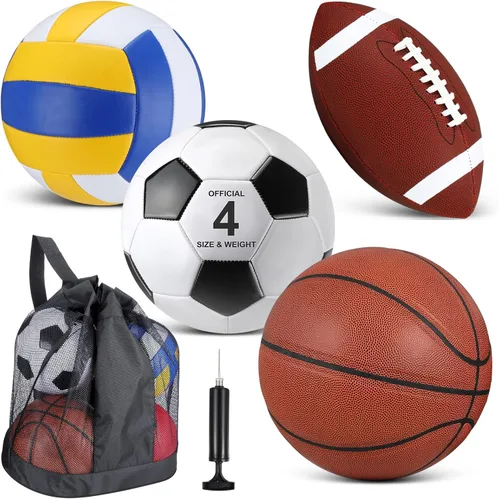 Miniatura 9 de HyDren Juego de 4 pelotas deportivas de tamaño oficial para baloncesto, balón de fútbol, voleibol, con bolsa de transporte y inflador, regalo