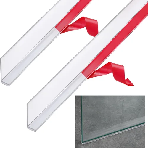 Newtay 2 piezas de tira de sello larga de vinilo transparente tipo L con barrera de umbral de agua pre-aplicada adhesiva para puerta de vidrio de