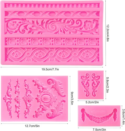 Miniatura 3 de Rainmae 4 moldes barrocos de silicona para fondant, molde de chocolate con encaje de flores de alivio, molde de arcilla de encaje de desplazamiento