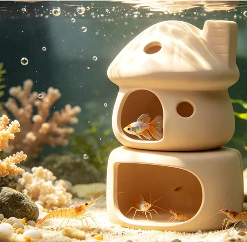 Miniatura 5 de Juego de decoración de acuario de casa de hongos de cerámica, escondite natural sin pintura para betta, camarones, plexiglás y peces