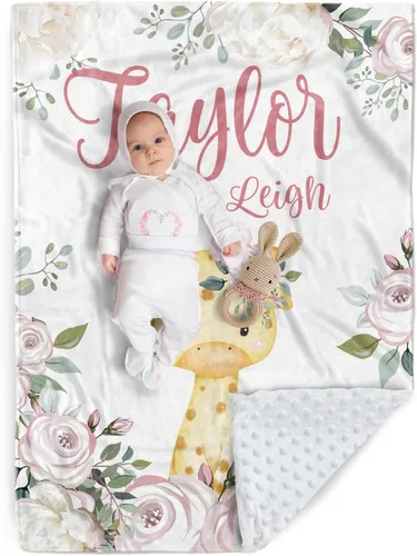 Miniatura 23 de Manta de bebé personalizada, manta de felpa suave con respaldo de puntos de doble capa para niños y niñas, nombre personalizado con diseño de animal