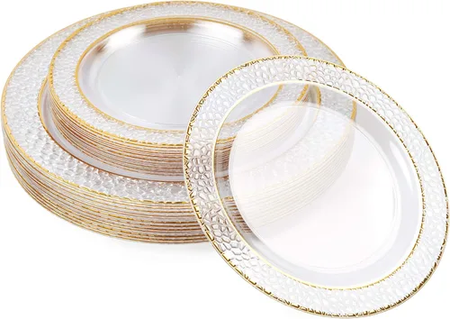 Miniatura 10 de MATANA 20 Platos de Fiesta Reutilizables de Plástico Transparente de 10 Pulgadas con Borde Dorado Martillado - Platos de Cena Resistentes de Primera