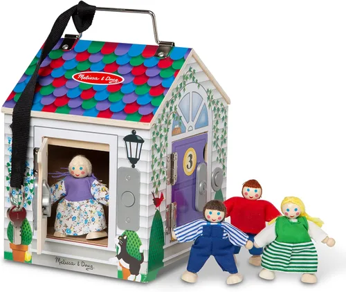 Melissa & Doug Casa de muñecas de madera con campanilla, para llevar, con sonidos de campanillas, llaves, 4 muñecas de madera que posan