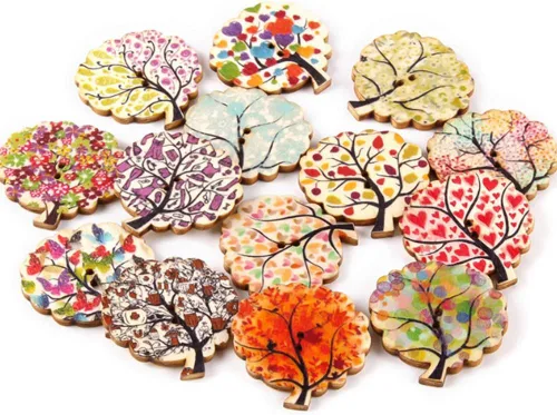 Miniatura 4 de AKOAK 50 Piezas Botones de Madera, Coloridos en Forma de Árbol con 2 Orificios, Botones de Costura Impresos en Madera, Lindos Botones Pintados