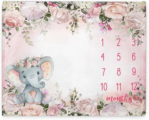 Miniatura 2 de Yuzioey - Manta mensual de hitos para bebé, manta de mes de elefante floral para baby shower, manta de flores de elefante rosa, manta mensual