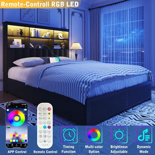 Miniatura 4 de Lifezone Bastidor de cama Queen con cabecera, base de cama Queen con estante de almacenamiento alto con cabecera, 4 cajones de almacenamiento y gris