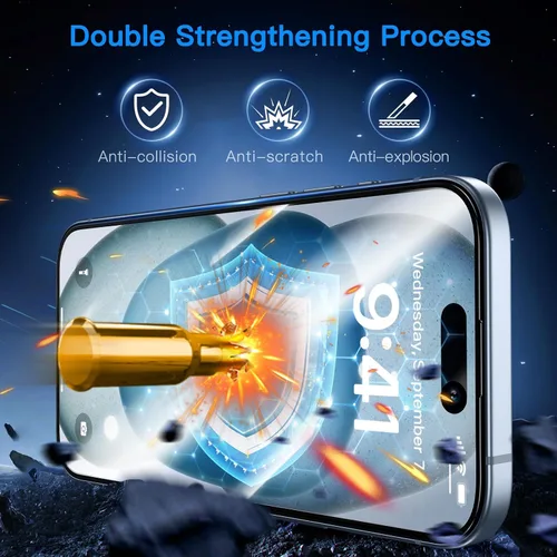 Miniatura 5 de Uyiton Protector de pantalla anti-luz azul para iPhone 15, protector de pantalla de vidrio irrompible de cobertura completa, resistente a