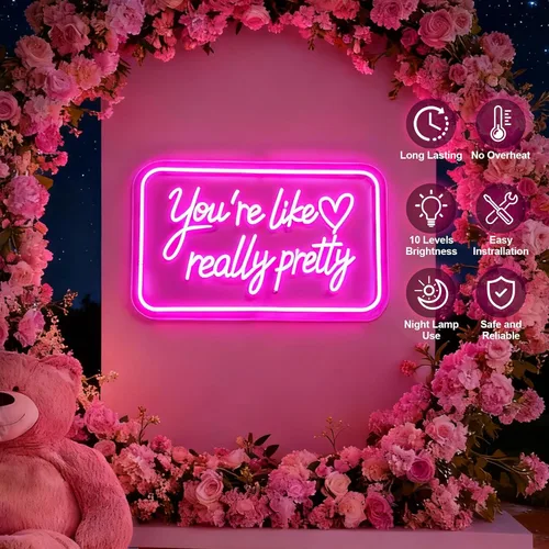 Miniatura 3 de Letrero de neón con texto en inglés "You're Like Really Pretty Neon", luz de neón LED rosa con atenuador y alimentación USB, decoración de pared