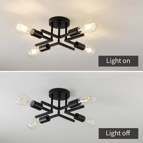 Miniatura 4 de Accesorio de Lámpara de Techo Industrial Semiempotrada de 4 Luces, Candelabro Sputnik Moderno de Metal Negro con Base de Bombilla E26, Luz Pegada al