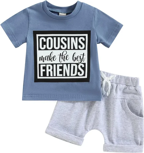 Miniatura 51 de Conjunto de traje de verano para bebé niño pequeño, manga corta, cuello redondo, letras impresas, lindo traje de verano, conjunto de 2 piezas