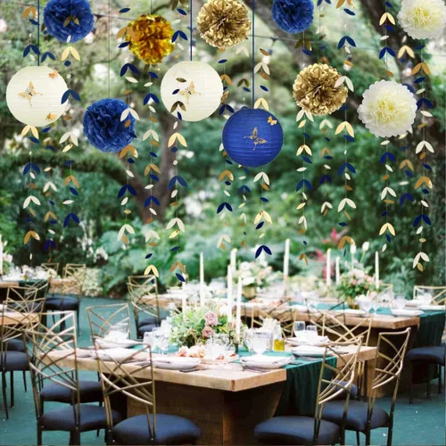 Miniatura 5 de Kit de decoración de fiesta azul marino y dorado, faroles, flores, pompones con calcomanías de mariposa 3D dorado champán y serpentinas de guirnalda