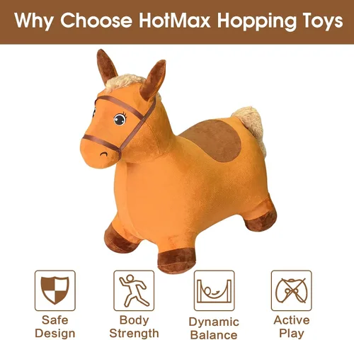 Miniatura 3 de HotMax Caballo saltador marrón, caballo inflable extraíble de felpa para niños pequeños, paseo al aire libre en animales de granja hinchables