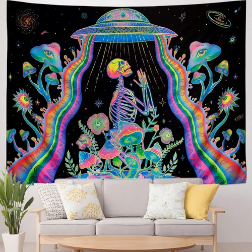 Miniatura 3 de Galoker Tapiz de esqueleto de luz negra, tapiz floral de plantas de fantasía, tapiz reactivo a los rayos UV, tapiz OVNI extraterrestre galaxia