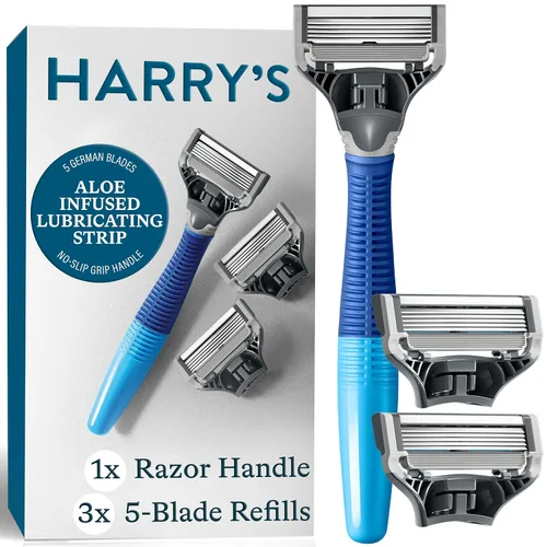 Miniatura 11 de Harry's Kit de afeitado original para hombre, mango de afeitar y 3 cartuchos de repuesto de cuchillas de afeitar, diseño alemán, azul océano