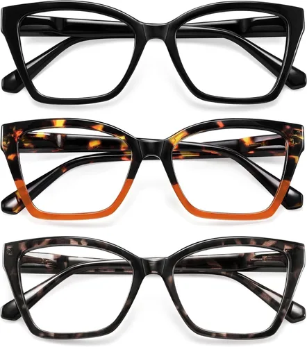 Paquete de 3 lentes de lectura para mujeres - Lentes de bloqueo de luz azul de moda con forma de ojo de gato, lentes con bisagra de resorte