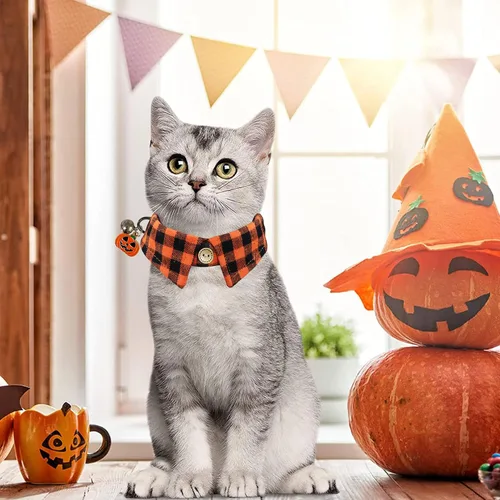Miniatura 6 de STMK Paquete de 3 collares navideños para gatos con campana, para Halloween, día de Acción de Gracias, gato, gatito, con corbatín, bandana, camisa