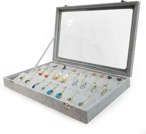 Miniatura 6 de Organizador de almacenamiento de pendientes de terciopelo de hielo con tapa transparente grande, caja de joyería, soporte para aretes, vitrina gris