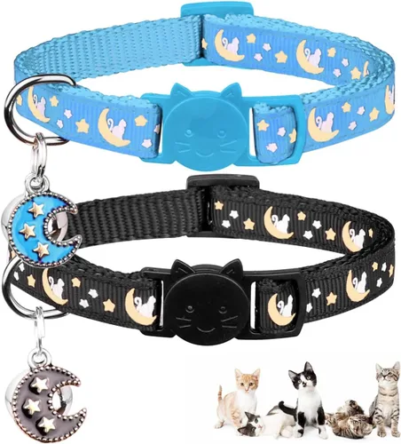Baeuppit 2 collares de gatos separables para niños y gatos, ajustables, con campana, color negro y azul claro Negro + azul claro