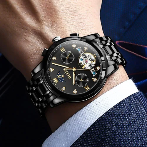 Miniatura 3 de OLEVS Relojes automáticos para hombre, esqueleto Tourbillon, reloj de pulsera de lujo con diamantes de cuerda automática, acero inoxidable