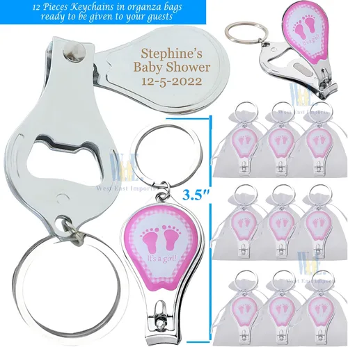 Miniatura 2 de Baby Shower personalizado (12 piezas) llavero rosa niña favores/cortauñas y abridor de botellas/grabado láser personalizado regalo (huella)