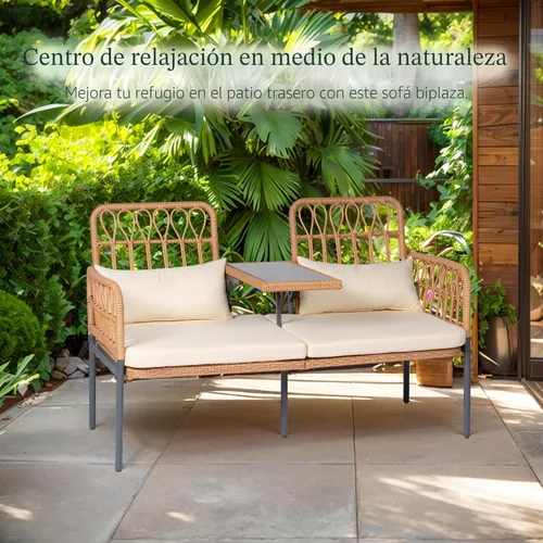 Miniatura 9 de PROHIKER Muebles de Patio Exterior Sofá de Amor de Ratán de 2 Asientos con Mesa Integrada, Almohadas Lumbares y Cojines, Sofá de Amor de Mimbre