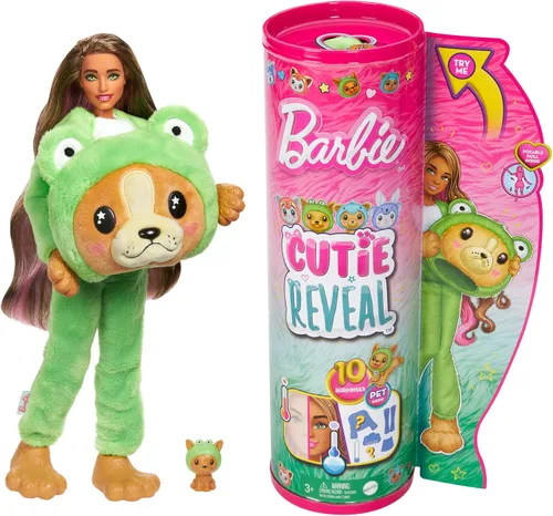 Muñeca y accesorios Barbie Cutie Reveal con disfraz de animal y 10 sorpresas, incluyendo cambio de color, cachorro como rana en disfraz -Serie