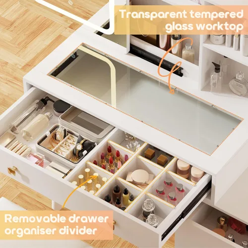 Miniatura 5 de KAMABOKO Escritorio de tocador con espejo deslizante y luces, mesa de tocador de maquillaje con 4 cajones y estante de almacenamiento, toma