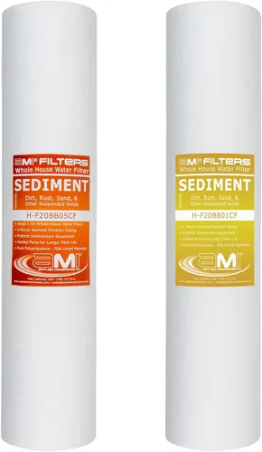 Applied Membranes Inc. Sistema de filtro de agua de 2 etapas para toda la casa, filtros de 1 micrón y 5 micrones de 4.5 pulgadas por 20 pulgadas