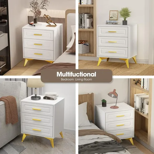 Miniatura 8 de Giluta Mesita de noche blanca con 3 cajones, moderna mesita de noche con patas y asas de metal macizo dorado, mesa de noche de madera, mesa auxiliar