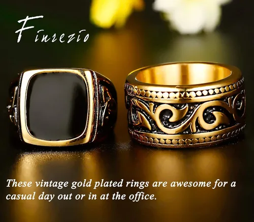 Miniatura 5 de FINREZIO Juego de 2 anillos chapados en oro de 18 quilates para hombre, de acero inoxidable, vintage, con sello y anillo de banda, tamaño 7-13, Metal