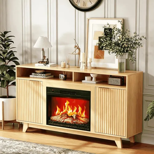 Miniatura 11 de VINGLI - Soporte de TV con chimenea para televisores de hasta 70 pulgadas, centro de entretenimiento acanalado con calefacción eléctrica y estantes