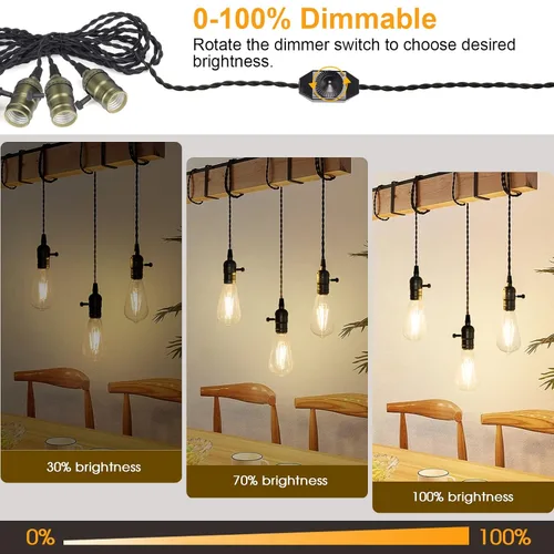 Miniatura 2 de Kit de luz colgante vintage con interruptor de atenuación y triple E26/E27 soporte de lámpara de enchufe de luz industrial de 25 pies de tela negra