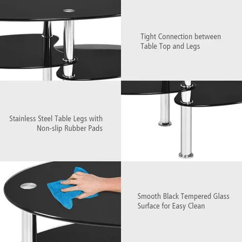 Miniatura 4 de Moccha - Mesa de centro de cristal, 3 niveles, moderna mesa de té ovalada de vidrio liso con amplio escritorio de vidrio y patas cromadas